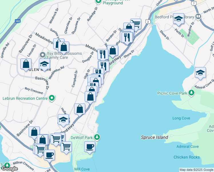 map of restaurants, bars, coffee shops, grocery stores, and more near 129 Shore Drive in Bedford