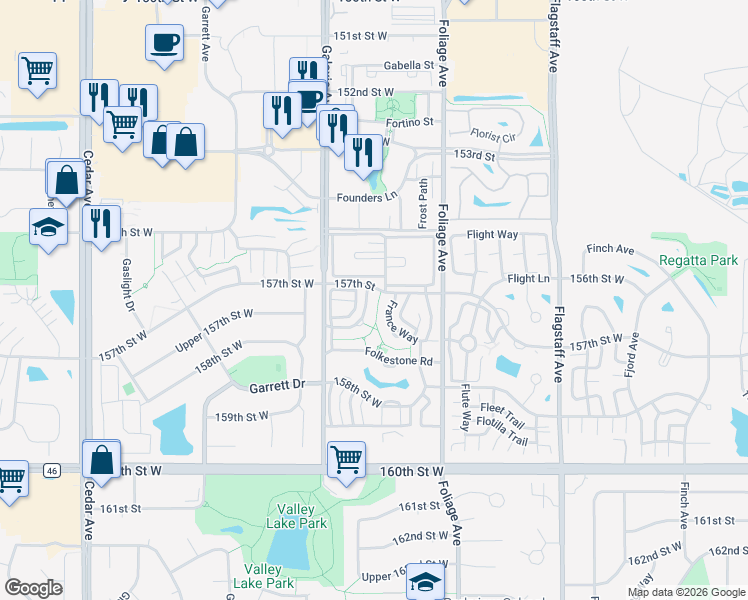 map of restaurants, bars, coffee shops, grocery stores, and more near 15712 Fremont Way in Apple Valley