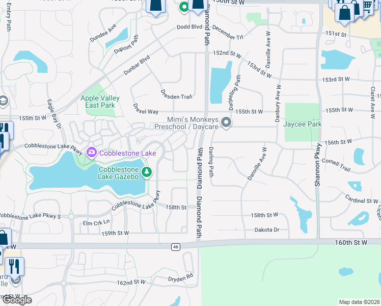 map of restaurants, bars, coffee shops, grocery stores, and more near 15678 Duck Pond Way in Apple Valley