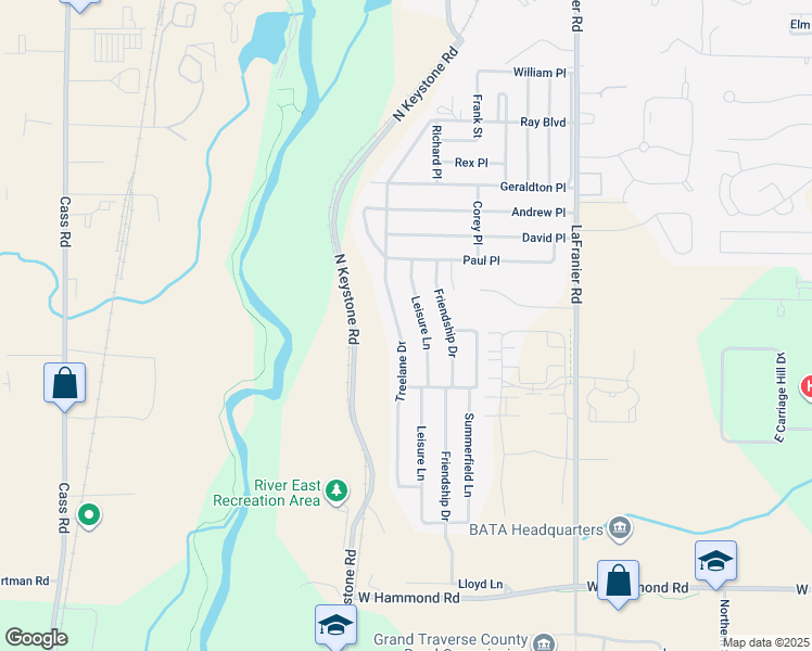 map of restaurants, bars, coffee shops, grocery stores, and more near 2394 Treelane Drive in Traverse City