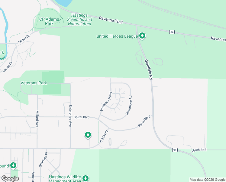 map of restaurants, bars, coffee shops, grocery stores, and more near 2449 Voyageur Parkway in Hastings