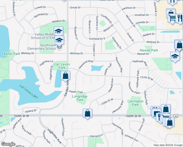 map of restaurants, bars, coffee shops, grocery stores, and more near 8273 157th Street West in Apple Valley