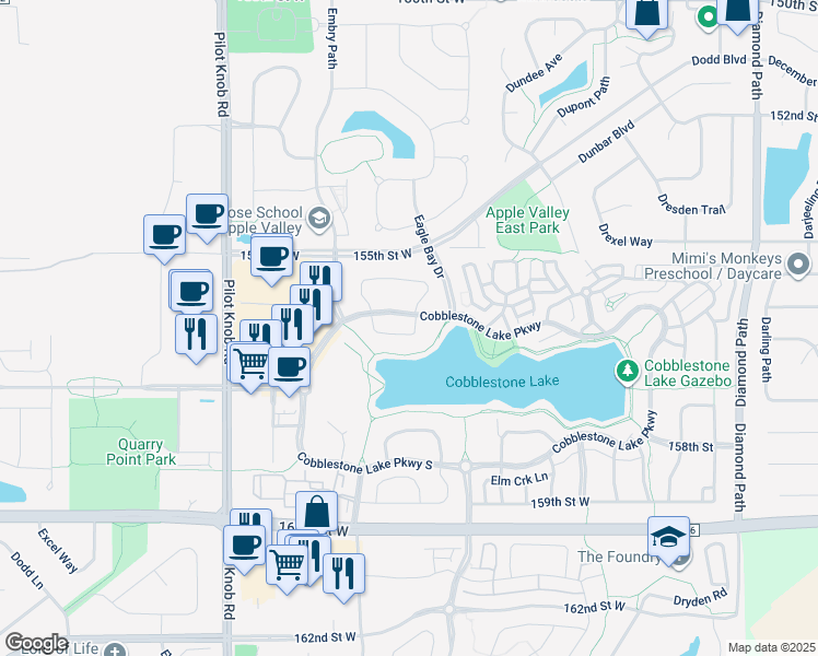 map of restaurants, bars, coffee shops, grocery stores, and more near 15610 Eddington Way in Apple Valley