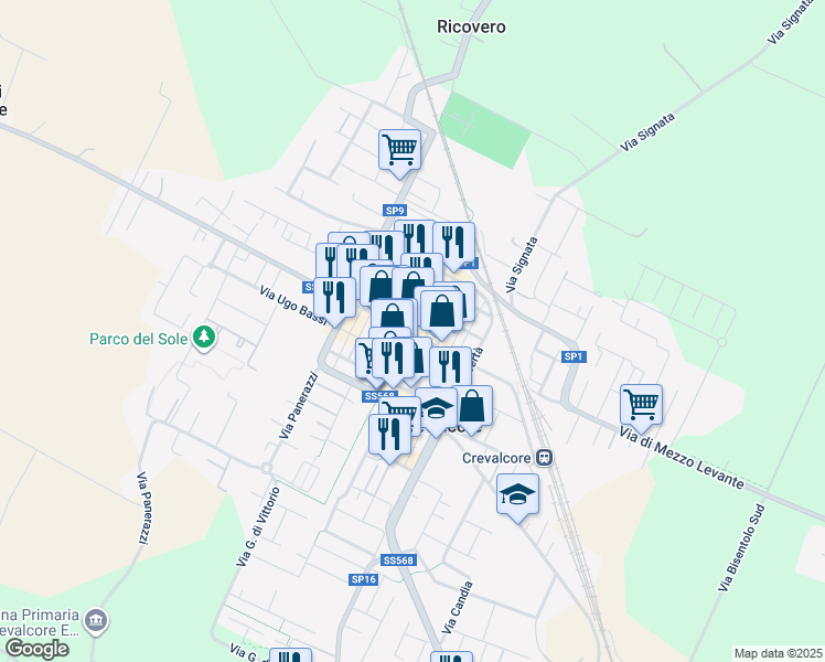 map of restaurants, bars, coffee shops, grocery stores, and more near 15 Via A. Leonelli in Crevalcore