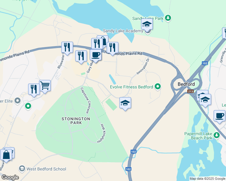 map of restaurants, bars, coffee shops, grocery stores, and more near 257 Innovation Drive in Bedford
