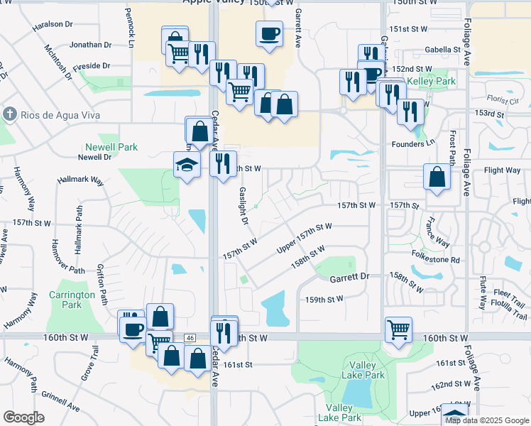 map of restaurants, bars, coffee shops, grocery stores, and more near 7375 157th Street West in Apple Valley