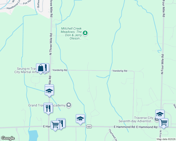 map of restaurants, bars, coffee shops, grocery stores, and more near 1128 Vanderlip Road in Traverse City