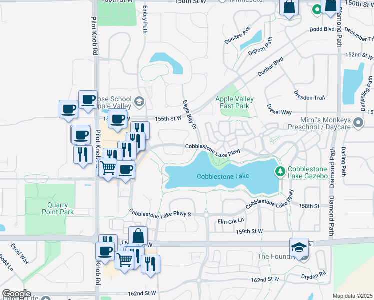 map of restaurants, bars, coffee shops, grocery stores, and more near 15610 Eddington Way in Apple Valley