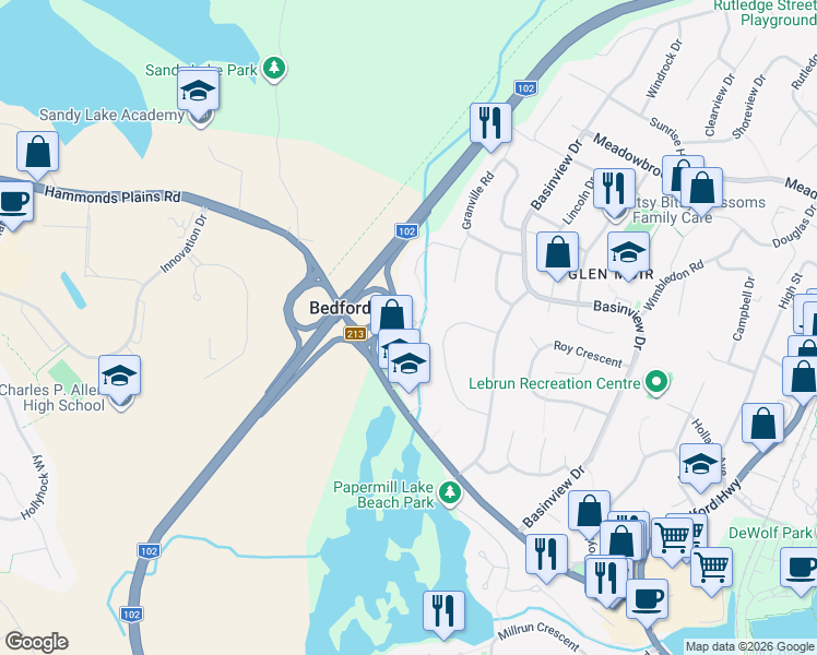 map of restaurants, bars, coffee shops, grocery stores, and more near 62 Brookshire Court in Bedford