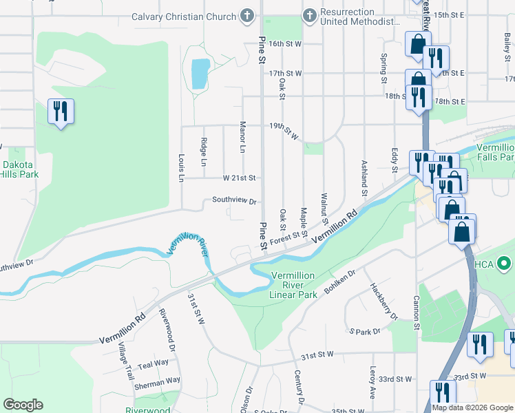 map of restaurants, bars, coffee shops, grocery stores, and more near 2471 Southview Court in Hastings