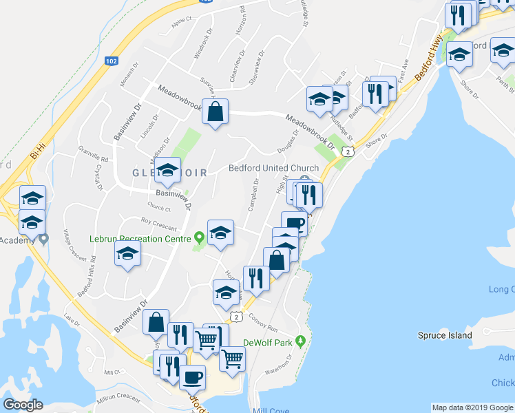 map of restaurants, bars, coffee shops, grocery stores, and more near 9 Campbell Drive in Bedford