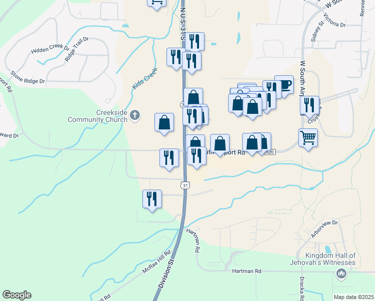 map of restaurants, bars, coffee shops, grocery stores, and more near 3300 West South Airport Road in Traverse City