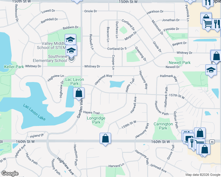 map of restaurants, bars, coffee shops, grocery stores, and more near 8273 157th St W in Apple Valley