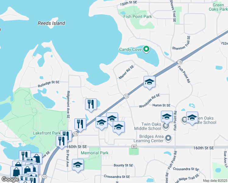 map of restaurants, bars, coffee shops, grocery stores, and more near 5317 Lemley Circle Southeast in Prior Lake