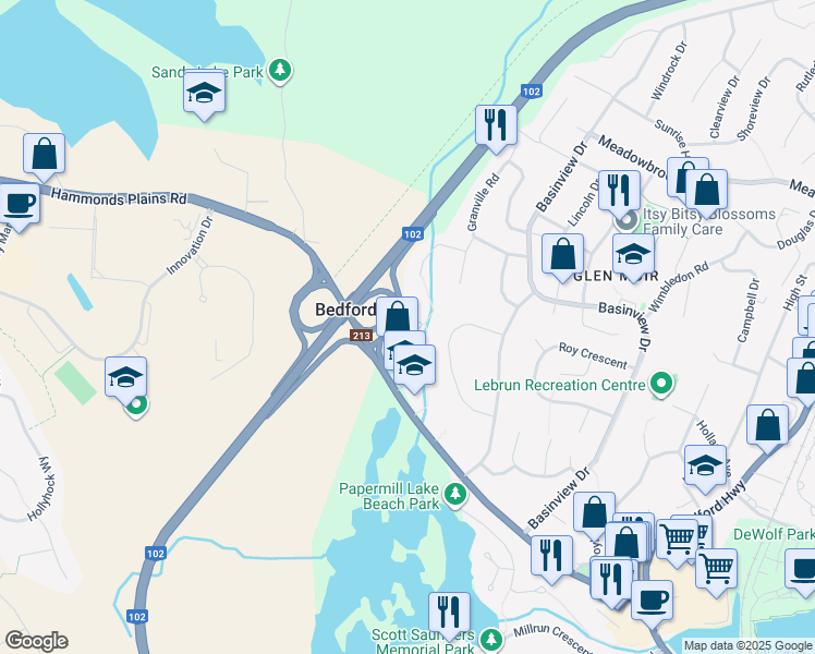 map of restaurants, bars, coffee shops, grocery stores, and more near 64 Brookshire Court in Bedford