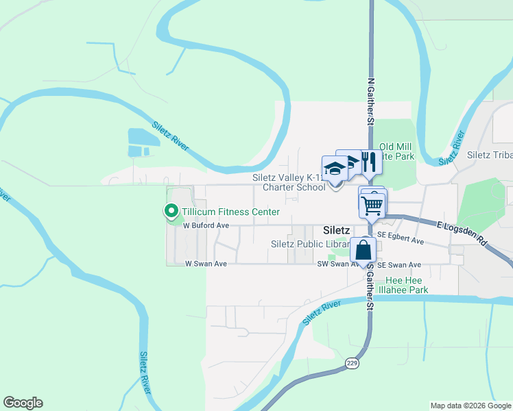 map of restaurants, bars, coffee shops, grocery stores, and more near 210 Northwest Grinstead Street in Siletz