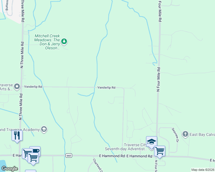 map of restaurants, bars, coffee shops, grocery stores, and more near 1128-1998 Vanderlip Road in Traverse City