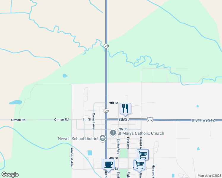 map of restaurants, bars, coffee shops, grocery stores, and more near 1400 South Dakota 79 in Newell