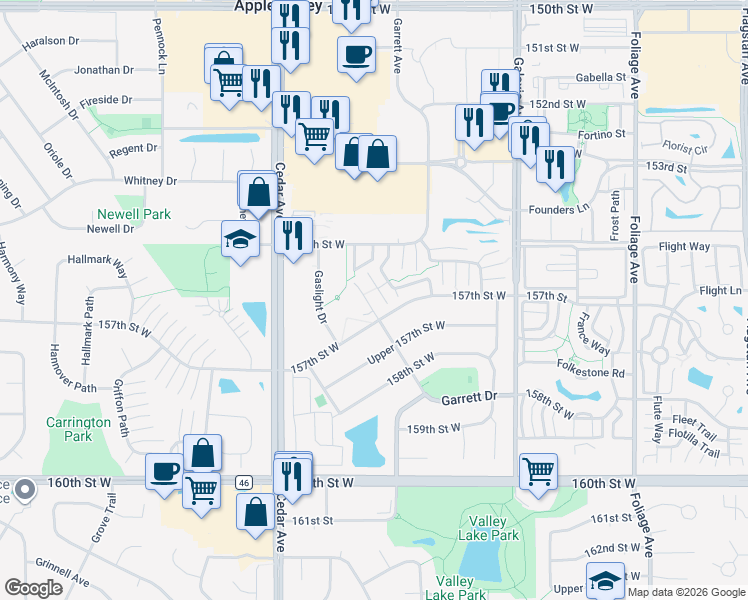 map of restaurants, bars, coffee shops, grocery stores, and more near in Apple Valley