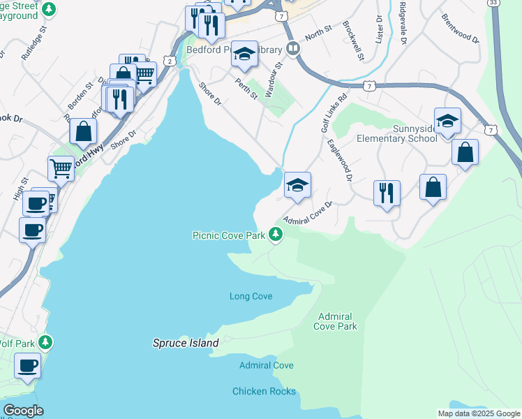 map of restaurants, bars, coffee shops, grocery stores, and more near 981 Shore Drive in Bedford