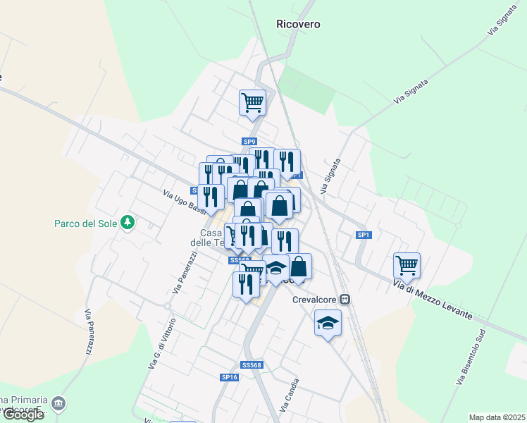 map of restaurants, bars, coffee shops, grocery stores, and more near 15 Via A. Leonelli in Crevalcore
