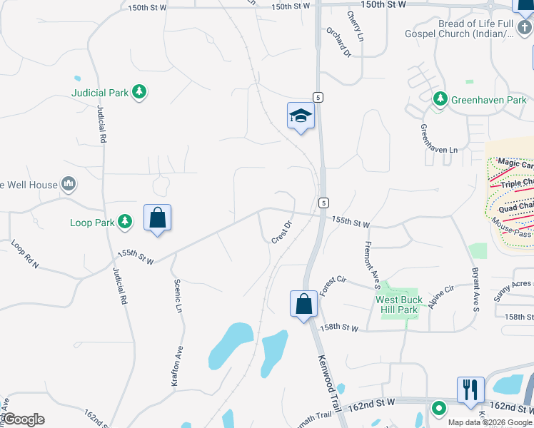map of restaurants, bars, coffee shops, grocery stores, and more near 15507 Crest Drive in Burnsville