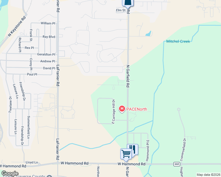 map of restaurants, bars, coffee shops, grocery stores, and more near 1100-1298 North Carriage Hill Drive in Traverse City
