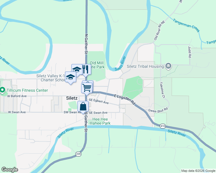 map of restaurants, bars, coffee shops, grocery stores, and more near 117 Northeast Palmer Street in Siletz