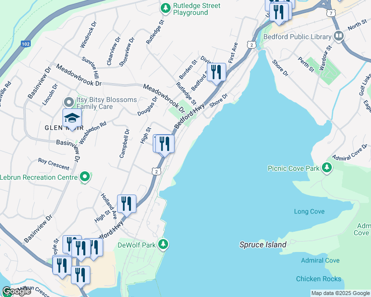 map of restaurants, bars, coffee shops, grocery stores, and more near 129 Shore Drive in Bedford