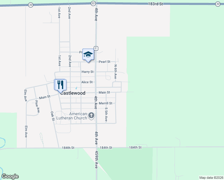 map of restaurants, bars, coffee shops, grocery stores, and more near 501-599 Main Street in Castlewood