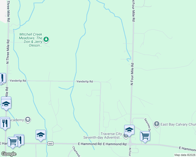 map of restaurants, bars, coffee shops, grocery stores, and more near 1128-1998 Vanderlip Road in Traverse City