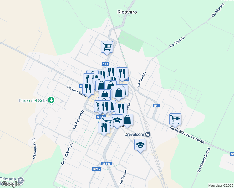 map of restaurants, bars, coffee shops, grocery stores, and more near 15 Via A. Leonelli in Crevalcore