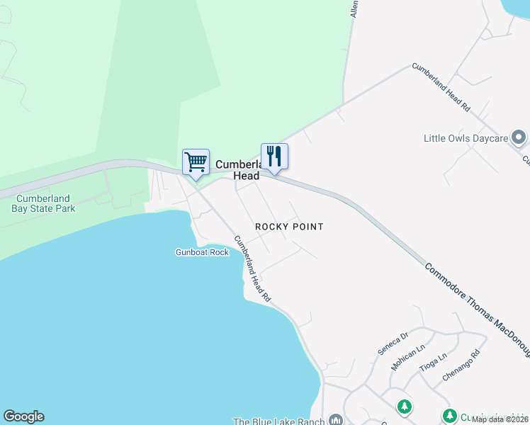map of restaurants, bars, coffee shops, grocery stores, and more near 21 Rocky Point St in Plattsburgh