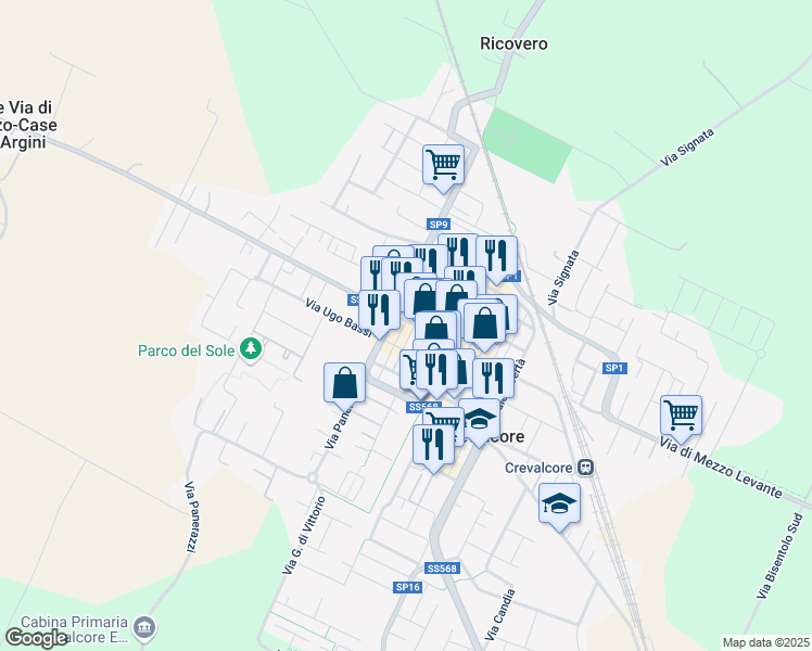 map of restaurants, bars, coffee shops, grocery stores, and more near 102 Via San Martino in Crevalcore