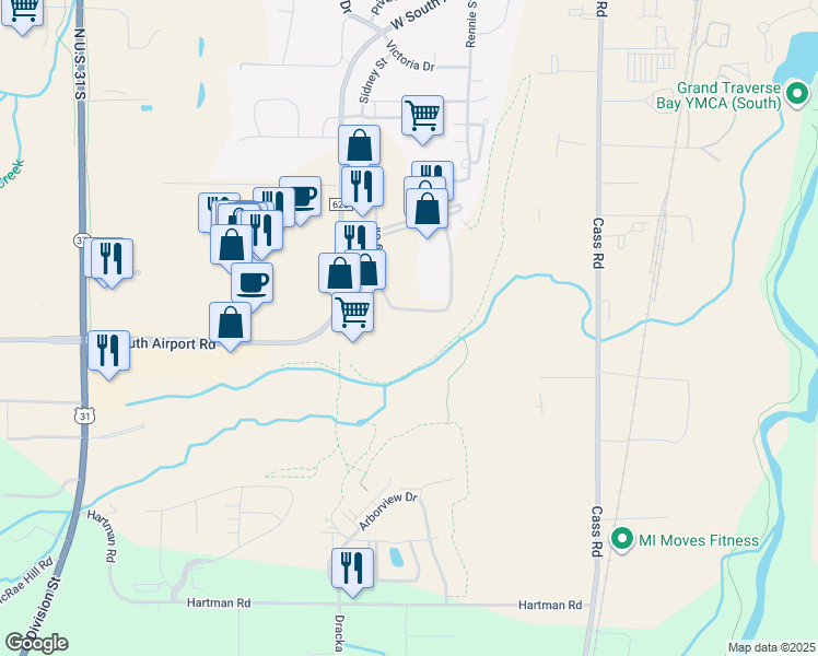 map of restaurants, bars, coffee shops, grocery stores, and more near 2516 Crossing Circle in Traverse City