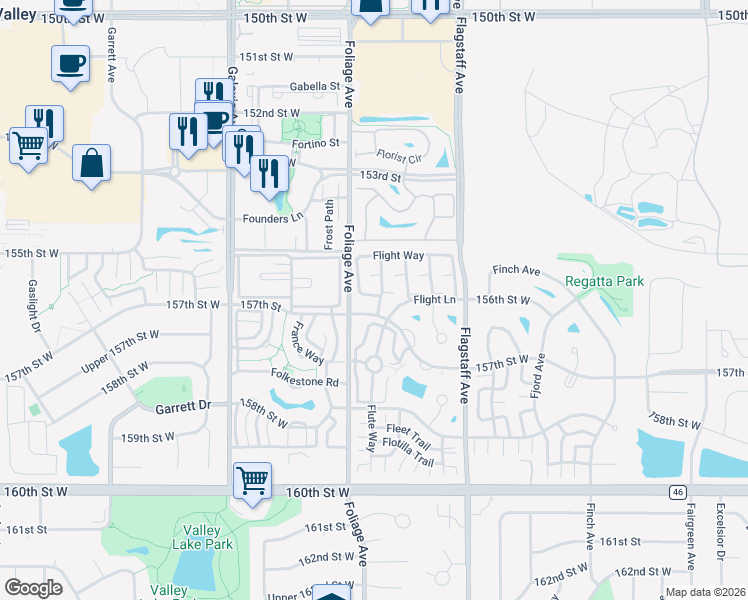 map of restaurants, bars, coffee shops, grocery stores, and more near 15582 Foghorn Lane in Apple Valley