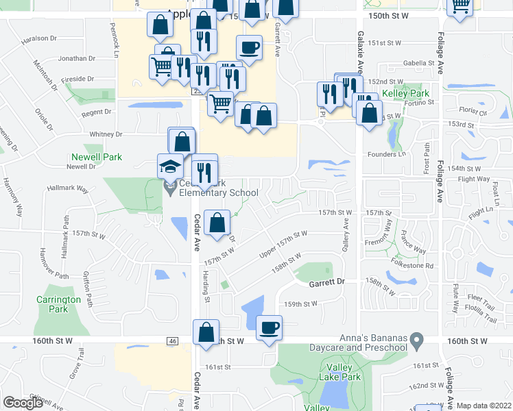 map of restaurants, bars, coffee shops, grocery stores, and more near 7316 155th Street West in Apple Valley