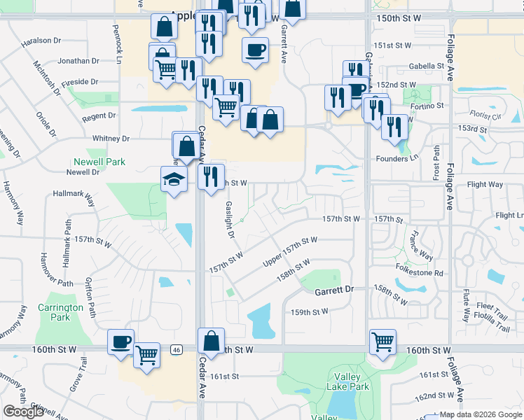 map of restaurants, bars, coffee shops, grocery stores, and more near 7316 155th Street West in Apple Valley