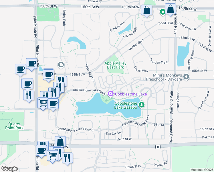 map of restaurants, bars, coffee shops, grocery stores, and more near 15595 Eagles Nest Way in Apple Valley