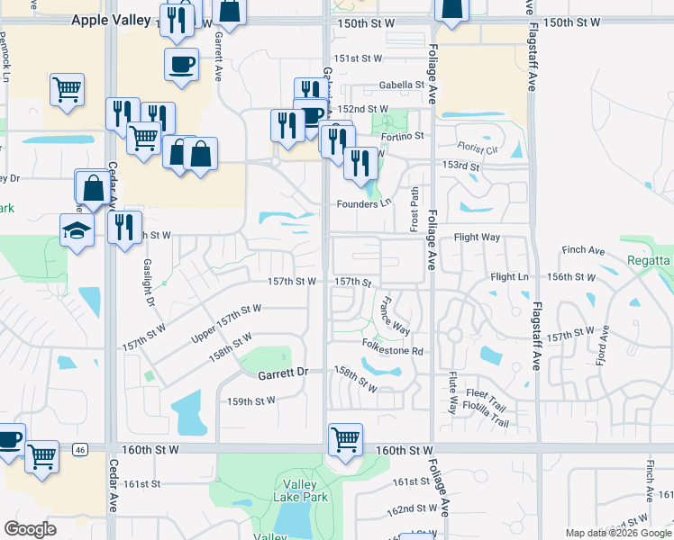 map of restaurants, bars, coffee shops, grocery stores, and more near 15650 Galaxie Avenue in Apple Valley