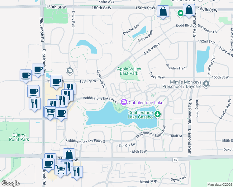 map of restaurants, bars, coffee shops, grocery stores, and more near 15580 Early Bird Circle in Apple Valley