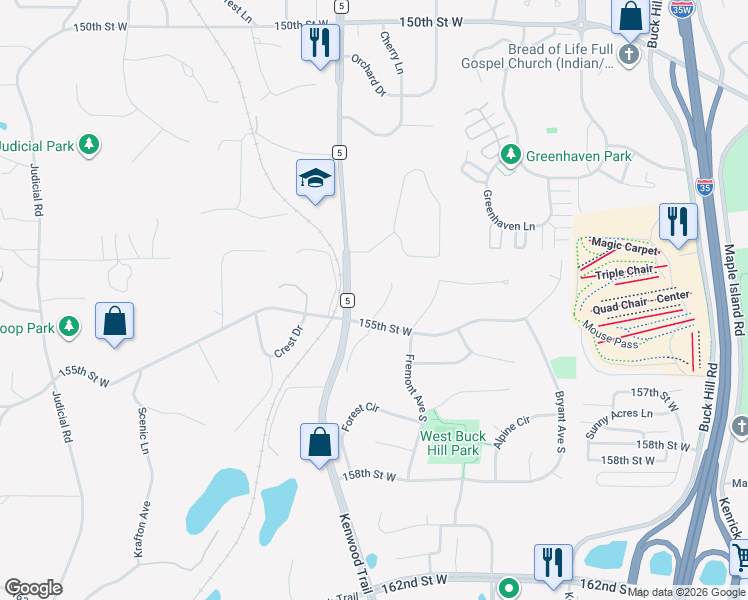 map of restaurants, bars, coffee shops, grocery stores, and more near 15474 Lucerne Circle in Burnsville