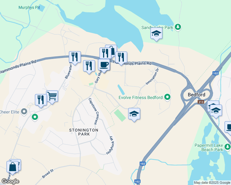 map of restaurants, bars, coffee shops, grocery stores, and more near 275 Innovation Drive in Bedford