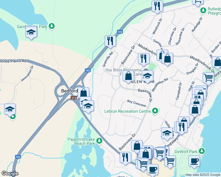 map of restaurants, bars, coffee shops, grocery stores, and more near 10 Crystal Drive in Bedford