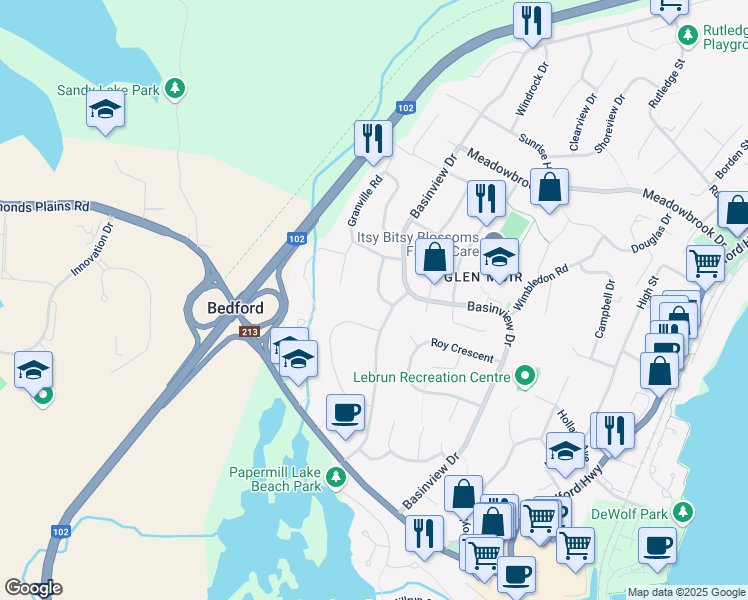map of restaurants, bars, coffee shops, grocery stores, and more near 10 Crystal Drive in Bedford