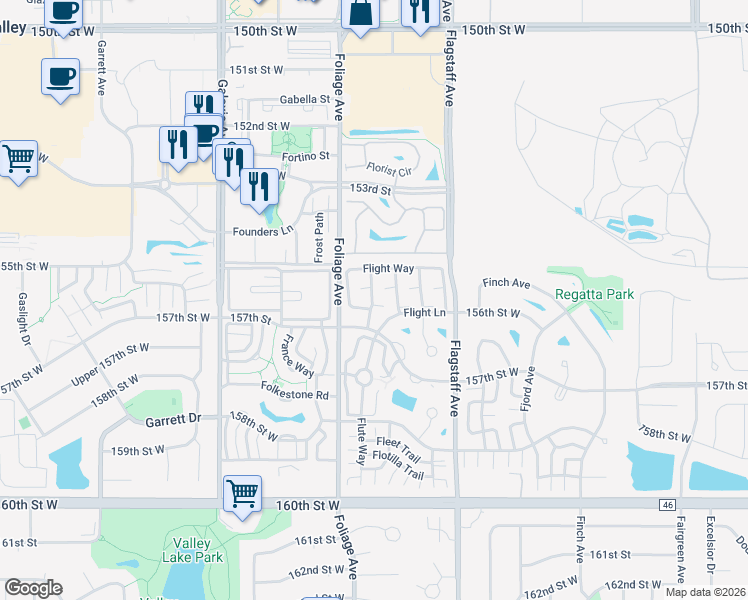 map of restaurants, bars, coffee shops, grocery stores, and more near 15582 Foghorn Lane in Apple Valley