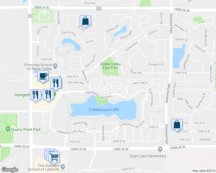 map of restaurants, bars, coffee shops, grocery stores, and more near 15533 Eagle Shore Drive in Apple Valley