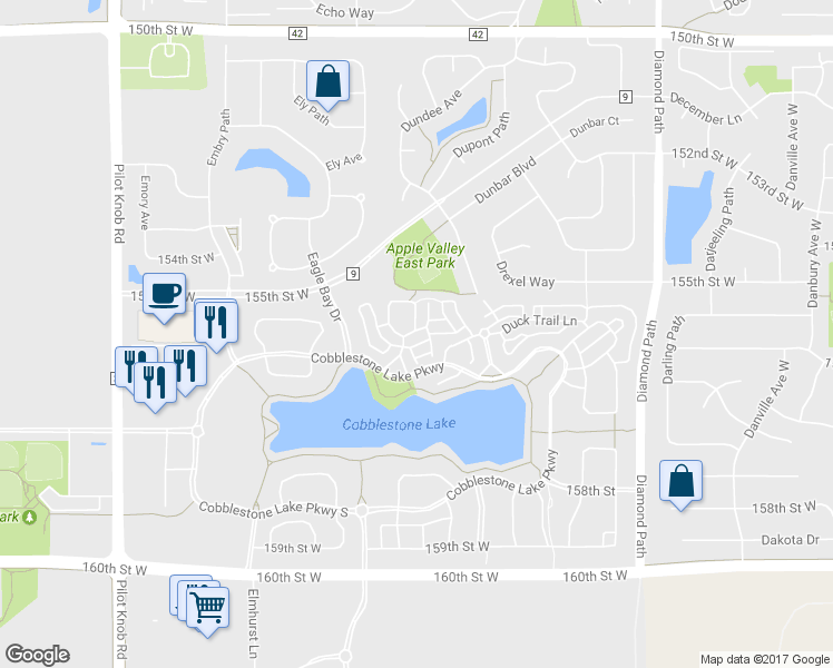 map of restaurants, bars, coffee shops, grocery stores, and more near 15533 Eagle Shore Drive in Apple Valley