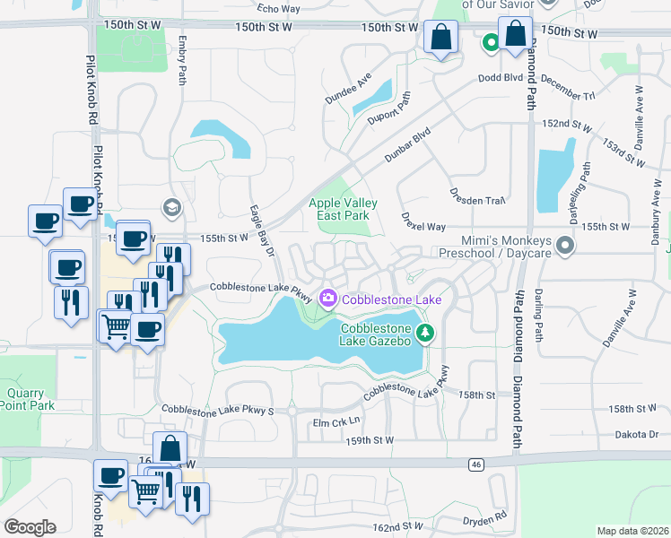 map of restaurants, bars, coffee shops, grocery stores, and more near 15533 Eagle Shore Drive in Apple Valley