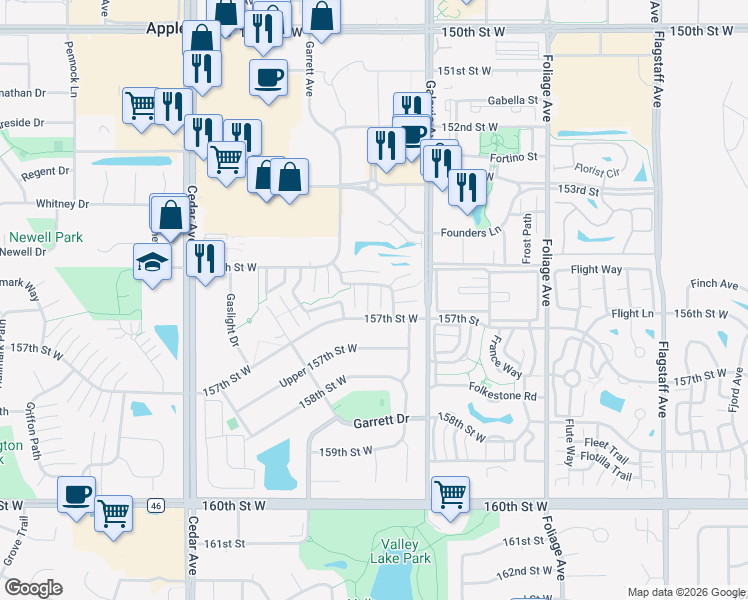 map of restaurants, bars, coffee shops, grocery stores, and more near 15537 Garnet Way in Apple Valley